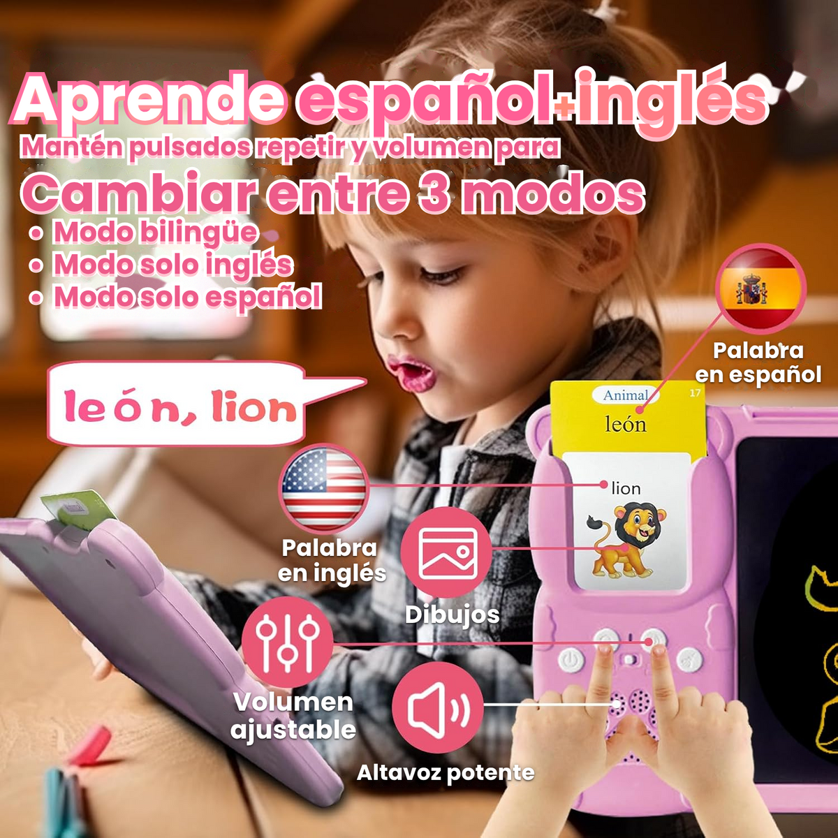 Modos en español e inglés y volumen ajustable