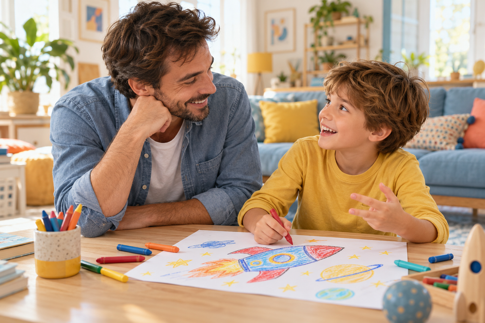 Un padre y su hijo comparten un momento creativo