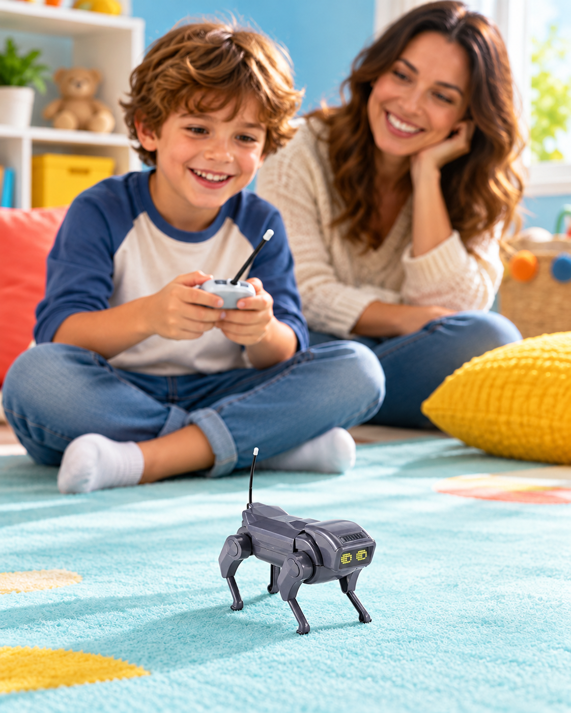 Madre e hijo jugando con el perro robot